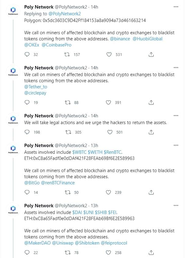 Twitter PolyNetwork đã liên tục tag và gọi các dự án can thiệp nhằm hạn chế thêm thất thoát