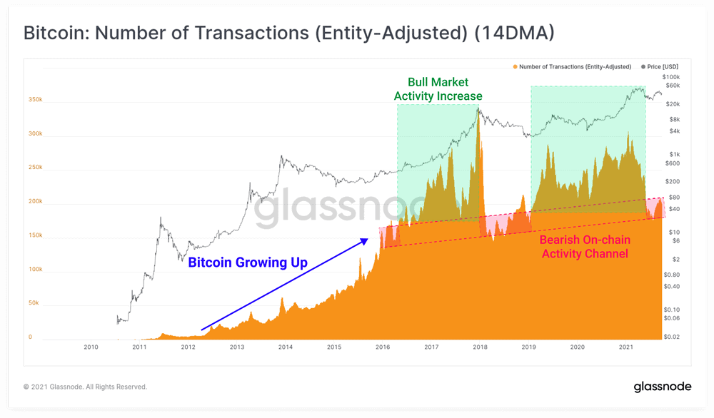 Biểu đồ Bitcoin: Số lượng giao dịch của các thực thể đã được điều chỉnh. Nguồn: Glassnode