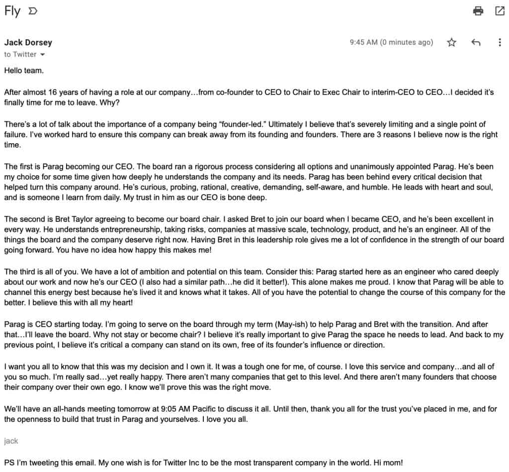 Bức thư Jack Dorsey từ chức. Ảnh: Twitter Jack Dorsey