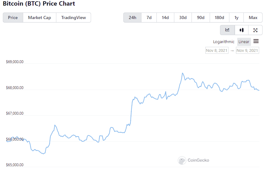 Biến động giá Bitcoin ngày 8/11. Dữ liệu: CoinGecko
