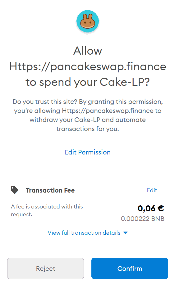 Giao diện xác nhận giao dịch cho phép Pancakeswap dùng Cake-LP.