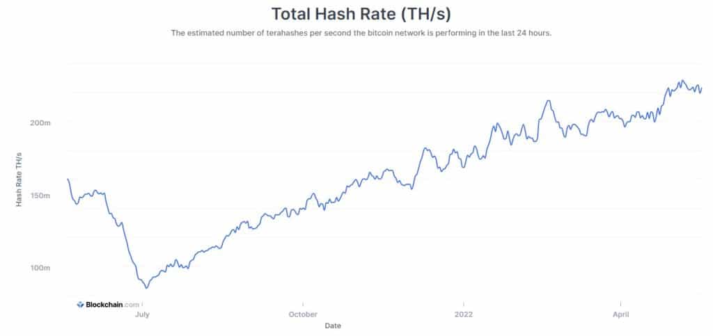 Mức Hashrate Bitcoin tăng trở lại. Dữ liệu: Blockchain.com