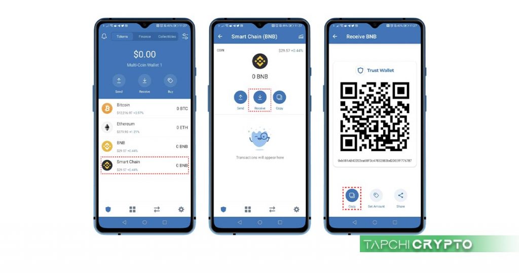 Thao tác nhận token bằng mã QR trên ứng dụng Trust Wallet.