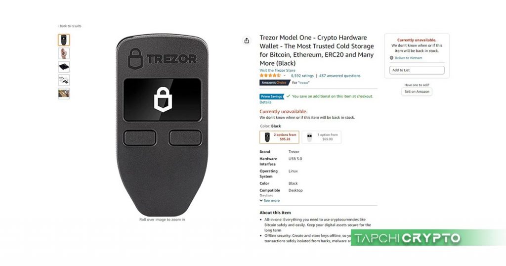 Ví lạnh Trezor Model One được bán trên sàn Amazon.