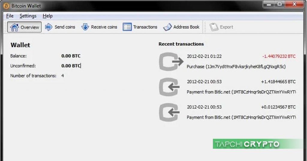 Giao diện ví phần mềm Bitcoin Wallet dùng để nhận và gửi Bitcoin trên máy tính.