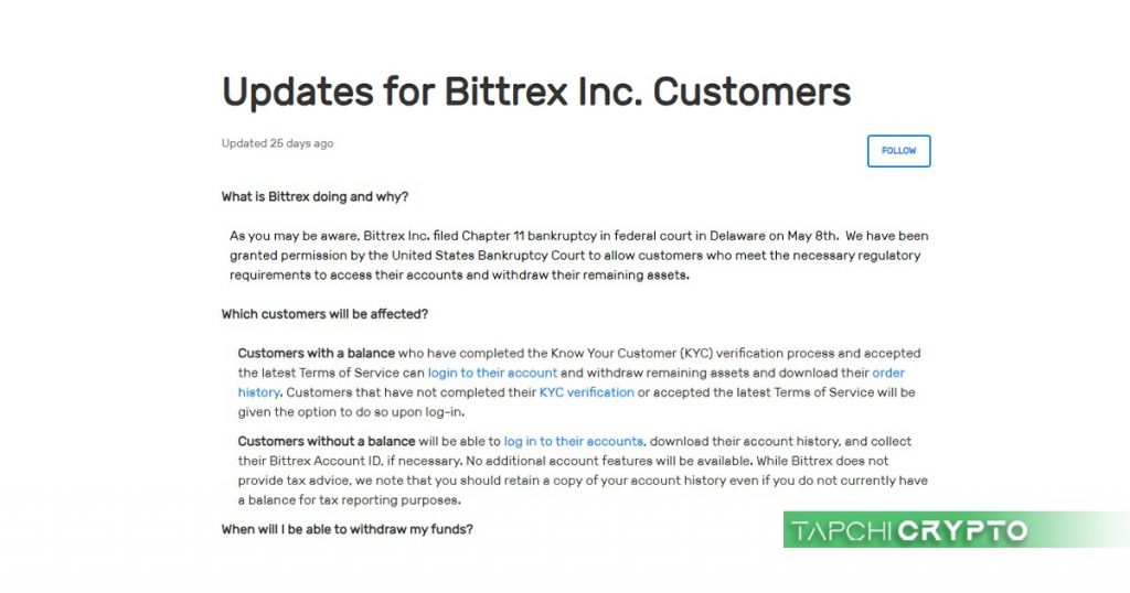 Trích một đoạn thư ngỏ sàn Bittrex nộp đơn phá sản tại Mỹ.