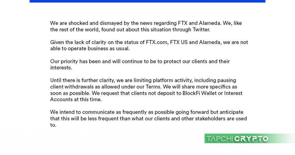 Thông báo của BlockFi về tình hình kinh doanh bất thường sau sự sụp đổ của FTX và quỹ Alameda trên Twitter.